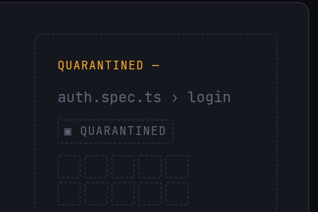 Close-up of the FlakeKill demo's quarantine lane: the amber label QUARANTINED over the test name auth.spec.ts › login in muted gray, a status tag repeating the word, and two rows of pale, empty run cells.