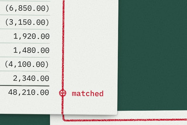 Close-up of the Proofline ledger: a column of amounts ending in 48,210.00 under a dark rule, and beside that figure a red pencil line with a small circled cross marked “matched”, running down past the sheet's edge and turning along the top of the document beneath.