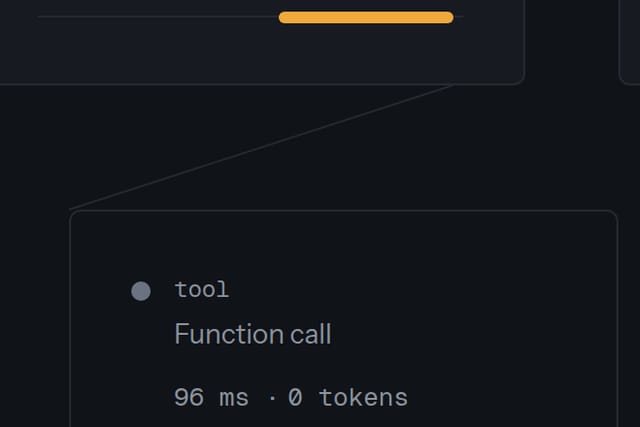 Close-up of the tracelayer call tree: the model call's card with its amber timing bar, and a thin line slanting down from its bottom edge to the top-left corner of a nested tool node, “Function call”.
